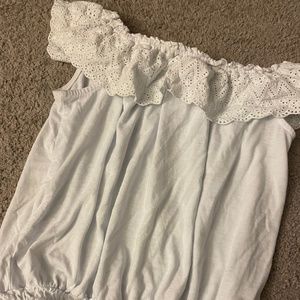 white off the shoulder ruffled shirt